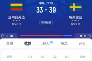  外线哑火！立陶宛半场全队三分10投0中 落后瑞典6分